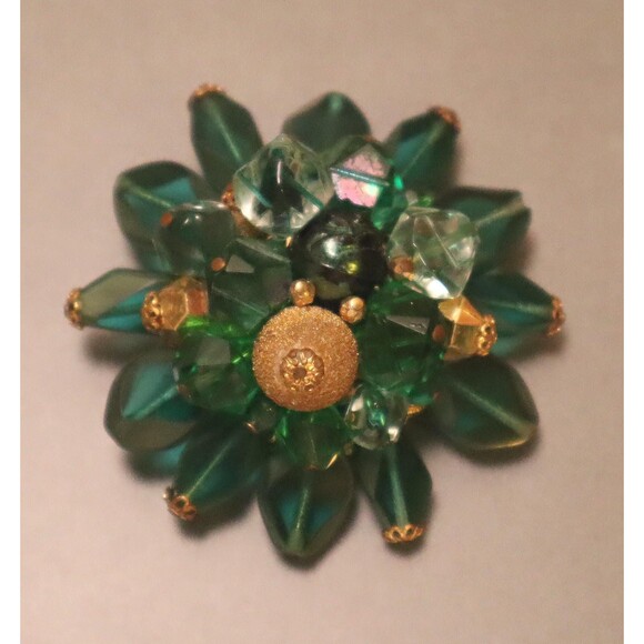 Vintage West Germany Green Brooch Fancy Beads Stamped Filigree - Picture 2 of 5